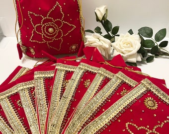 Red Velvet Sequined Potli Bag, Indian Wedding Favor (Set of 10)
