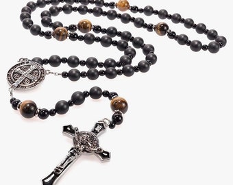 St Benedict black onyx tiger eye rosary men rosaries christian catholic gift rosary beads