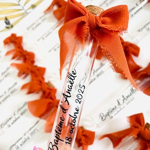 Tube à dragées en verre baptême | cadeau personnalisé pour vos invités | petite éprouvette/fiole | ruban en mousseline