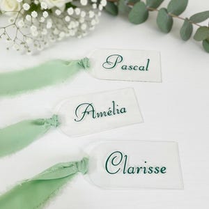 Peut inclure: Cartes de table transparentes avec des noms en écriture verte élégante, attachées avec des rubans vert clair. Les cartes sont disposées sur une surface blanche, avec un bouquet de fleurs blanches et de verdure en arrière-plan. Les noms sont Pascal, Amélia et Clarisse.