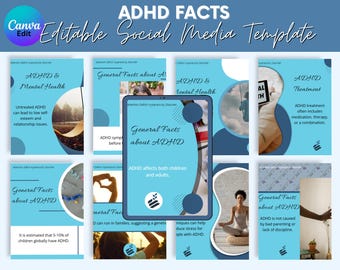 ADHD Facts Social Media Templates: Mental Health (Canva)