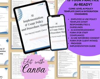 AI Policy & Staff Handbook: Mental Health Clinic Canva Templates (HIPAA Compliant Digital Download