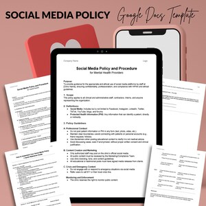 Op de afbeelding: Een Google Docs-sjabloon voor een social mediabeleid voor aanbieders van geestelijke gezondheidszorg. Het sjabloon bevat secties voor doel, reikwijdte, definities, beleidsrichtlijnen, contentcreatie en marketing, crisis- en noodinhoud en monitoring en handhaving.