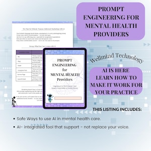 Pode incluir: Um tablet digital exibe "Prompt Engineering for Mental Health Providers" com exemplos de tipos de conteúdo. A imagem também inclui texto sobre IA em saúde mental e uso seguro. A listagem inclui o uso seguro de IA e a integração de IA.