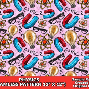 Puede incluir: Un patrón sin costuras con fondo rosa con varias ilustraciones relacionadas con la ciencia, incluyendo bombillas, imanes, átomos y la ecuación E=MC2. El patrón está diseñado para su uso en un formato de 30,5 cm por 30,5 cm.