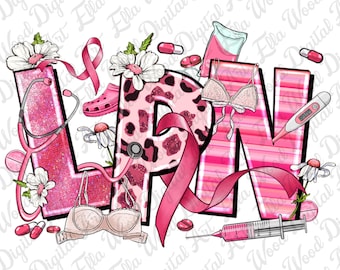 May include: Pink and white LPN letters with a pink ribbon, a stethoscope, a leopard print design, a thermometer, a syringe, a bra, and flowers.