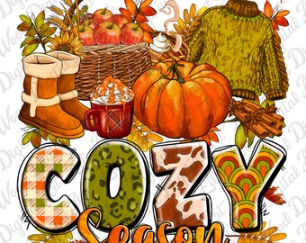 Cozy season png sublimation design download, Hello Fall png, Autumn png, Fall vibes png, Fall pumpkin png, sublimate designs download