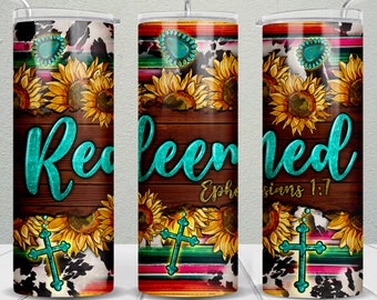 Redeemed Sunflower Tumbler Wrap, Christian 20 oz Skinny Tumbler (PNG digital Download)