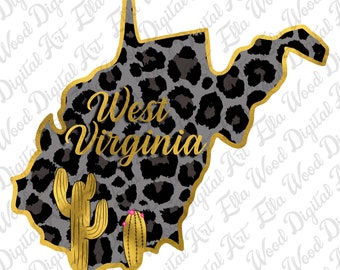 West Virginia Karte (PNG), Leopardenmuster, Kaktusmotiv (Digitaler Download)