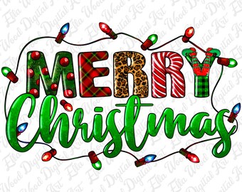 May include: A green and red Christmas greeting with the words "Merry Christmas" surrounded by a string of colorful Christmas lights.