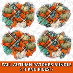May include: Four digital scrapbook paper designs featuring a plaid pattern with pumpkins, turquoise gemstones, and fall leaves. The designs are in a circle shape with a distressed edge.