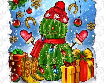May include: A whimsical Christmas-themed illustration featuring a cactus snowman wearing a red hat and scarf, adorned with string lights and mittens. Presents, cowboy boots, and ornaments complete the festive scene. The background is a snowy blue.