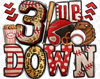 Puede incluir: Una ilustración digital con temática de béisbol con las palabras "3 Up Down" en una fuente de color rojo, blanco y estampado de leopardo. El diseño incluye una pelota de béisbol, un guante, un casco, un bate y una caja de cacahuetes.
