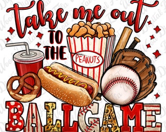 May include: Take me out to the ballgame graphic with a baseball, glove, hot dog, pretzel, peanuts, and a soda.