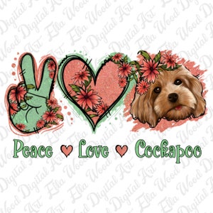 Puede incluir: Paz, amor y un perro Cockapoo con una corona de flores. La imagen presenta un signo de paz, un corazón y un perro con una corona de flores. El fondo es de color rosa claro con brillo.