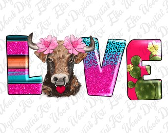 Love with Cow png sublimation design download, Cow png, western love png, animal png, sublimate designs download