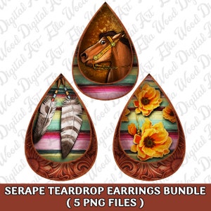 May include: A set of five teardrop-shaped earrings with a southwestern theme. The earrings feature a colorful striped pattern with a brown leather border. One earring has a horse head design, another has a feather design, and the other three have a floral design with yellow flowers.