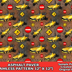 May include: A seamless pattern featuring a yellow asphalt paver on a rusty metal background. The pattern also includes red stop signs, yellow construction signs, and a repeating pattern of the paver.
