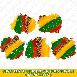 Puede incluir: Cinco imágenes digitales de clipart de parches de estampado de leopardo en un esquema de color Juneteenth. Los parches tienen la forma de salpicaduras abstractas de acuarela con colores rojo, amarillo, verde y negro.