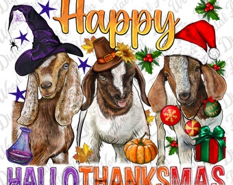 Happy Hallothanksmas Goats png sublimation design download, Halloween png, Christmas png, Thanksgiving png, animal png, designs download