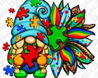 Autism gnome sunflower png sublimation design download, Autism Awareness png, Autism puzzle pieces png, sublimate designs download