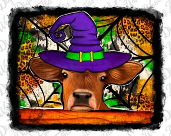 Halloween Witch Cow PNG, Sublimation Design (Digital Download)