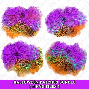 May include: Four digital scrapbook paper designs featuring a purple and orange watercolor background with a black spider web and leopard print pattern. HALLOWEEN PATCHES BUNDLE (4 PNG FILES)