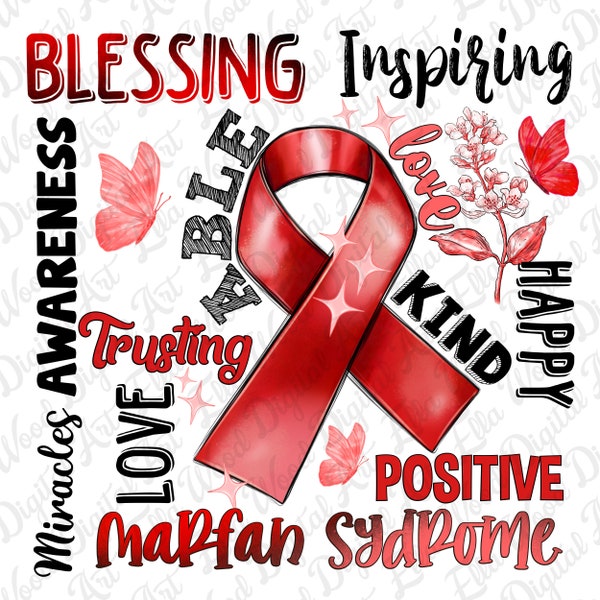 Marfan Syndrome Awareness typography png, Awareness png, red ribbon png, Marfan Syndrome png, sublimate designs download