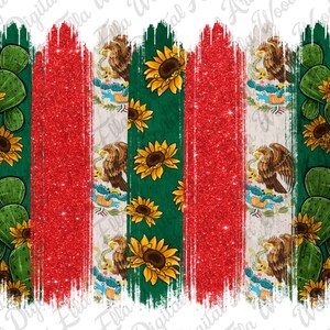 May include: A digital design featuring a distressed, brushstroke-style background with a green, white, and red color scheme. The design includes a repeating pattern of sunflowers and cacti, along with the Mexican coat of arms.