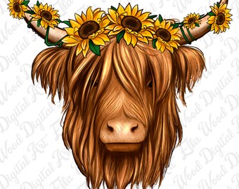 Sunflower Cow png sublimation design download, Cow png, western Cow png, sunflower png, sublimate designs download
