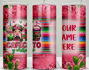 PNG personalizzato per bicchiere skinny Cafecito Y Chisme da 20 once, involucro per bicchiere Cafecito png, design messicano per bicchiere da 20 once, download png per bicchiere