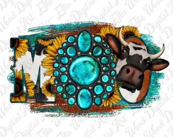 Western gemstone sunflower moo png sublimation design download, animal png, cute cow png, western cow png, sublimate designs download