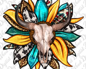 Bull Skull Sunflower PNG, Western Sublimation Design (Digital Download)