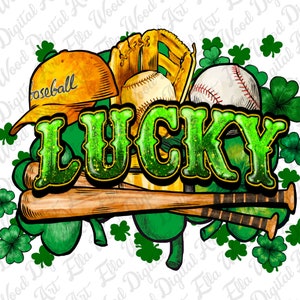 May include: A green shamrock design with the word "LUCKY" in gold glitter letters. The design includes a baseball cap, a baseball, a baseball glove, and two baseball bats.