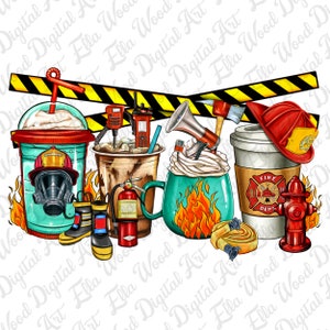 以下が含まれることがあります： 消防士をテーマにしたコーヒーとドリンクのセットのデジタルイラスト。セットには、「FIRE DEPT」と書かれた赤と白のコーヒーカップ、炎のデザインが施された青と白のコーヒーカップ、消防士のヘルメットが付いた赤と白のアイスココーヒーカップ、赤い消火器、赤い消火栓、黄色と黒の注意テープが含まれています。