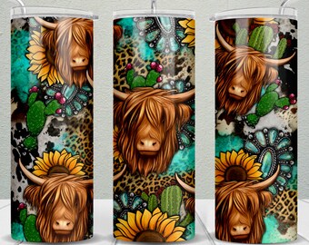 Long Haired Shaggy Cow western 20 oz skinny tumbler png, Cow tumbler wrap png, Cow png, sunflower tumbler png, tumbler png download