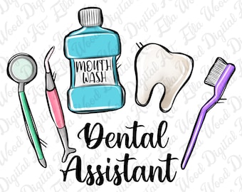 Op de afbeelding: Een digitale illustratie van de gereedschappen van een tandartsassistente, waaronder een tandenborstel, mondwater, een spiegel, een tandenstoker en een tand. De tekst "Dental Assistant" staat in het zwart onder de gereedschappen.