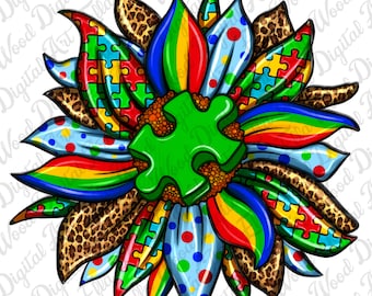 Autism leopard sunflower png sublimation design download, Autism Awareness png, Autism puzzle pieces png, Autism love png,sublimate download
