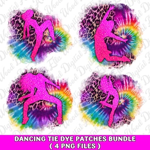 Può includere: Quattro sagome di ballerine rosa glitterate su sfondi circolari tie-dye e stampa leopardata. Il testo in basso recita "DANCING TIE DYE PATCHES BUNDLE (4 PNG FILES)". Gli sfondi sono multicolori.
