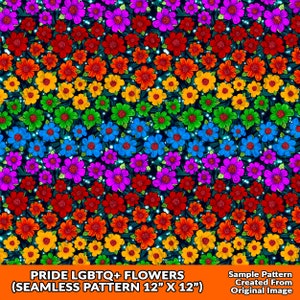 Puede incluir: Un patrón sin costuras que presenta un arcoíris de flores sobre un fondo oscuro. Las flores están dispuestas en filas, con cada fila representando un color diferente del arcoíris. El patrón mide 12 pulgadas por 12 pulgadas.