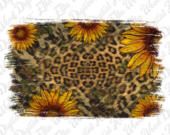 Camouflage and leopard sunflower background png sublimation design download, western sunflower png, sublimate designs download