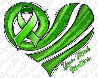 Conciencia de salud mental corazón png descarga de diseño de sublimación, Salud mental png, cinta verde png, Conciencia png, descarga de diseños sublimados