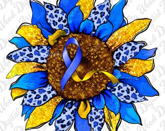 May include: A digital illustration of a sunflower with blue and gold petals. The center is brown with a blue and yellow ribbon, symbolizing Down syndrome awareness. The petals have leopard print accents.