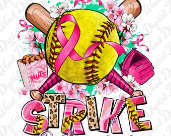 Strike out Breast Cancer Softball png sublimation design download, Cancer Awareness png, Softball png, Cancer ribbon png, designs download