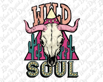 Wild soul bull skull png sublimacja projekt do pobrania, western bull skull png, vintage western png, western png, sublimacja wzorów do pobrania