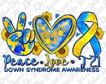 May include: A blue and yellow peace sign with a puzzle piece, a blue and yellow heart with handprints, and a blue and yellow ribbon with the text "Peace. Love. T21 Down Syndrome Awareness".