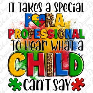 Könnte beinhalten: Es braucht einen besonderen Fachmann, um zu hören, was ein Kind nicht sagen kann. Der Text ist von einem bunten regenbogenartigen Hintergrund mit einem Herz aus Puzzleteilen und einem Leopardenmuster umgeben.