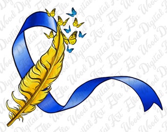 May include: A digital art design featuring a gold feather with a blue ribbon and butterflies. The butterflies are yellow and blue. The ribbon is a deep blue color. The background is white with the words "Digital Art Ella Wood" repeated.
