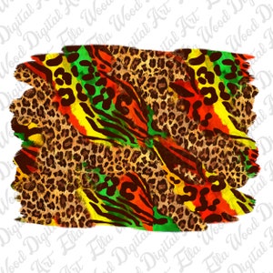 May include: Abstract digital art print featuring a leopard print pattern with stripes in shades of green, yellow, orange, and red. The design has a distressed, watercolor effect.