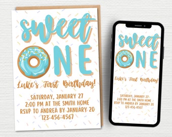 Sweet One First Birthday Party Digital or Print Invitation Template Canva | Doughnut Grow Up First Birthday Invitation Template Customizable